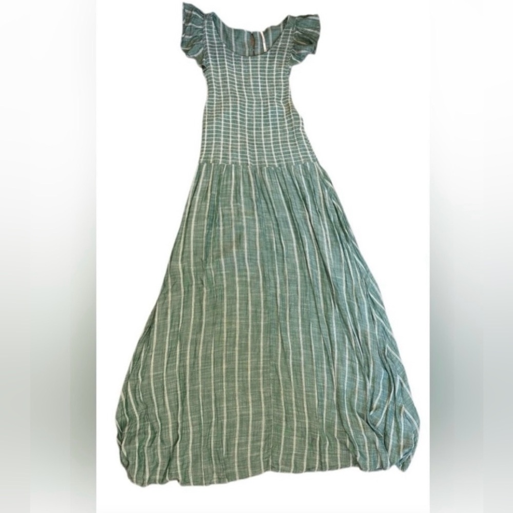 Free People XS Green Striped Maxi Dress Boho Flutter Sleeve